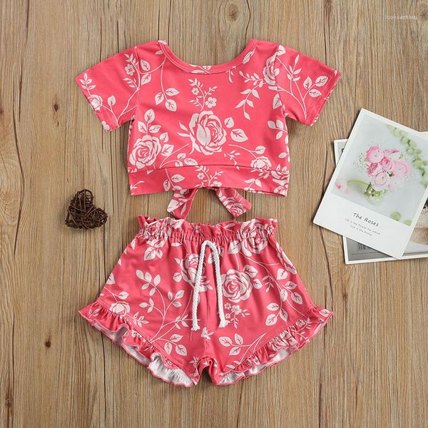 Conjuntos de roupas Kids Set 2PCs Fruta Fruta Roupfits Baby Girl Manga curta Camiseta Bowknot Ruffle Shorts de cordão infantil 1-5y