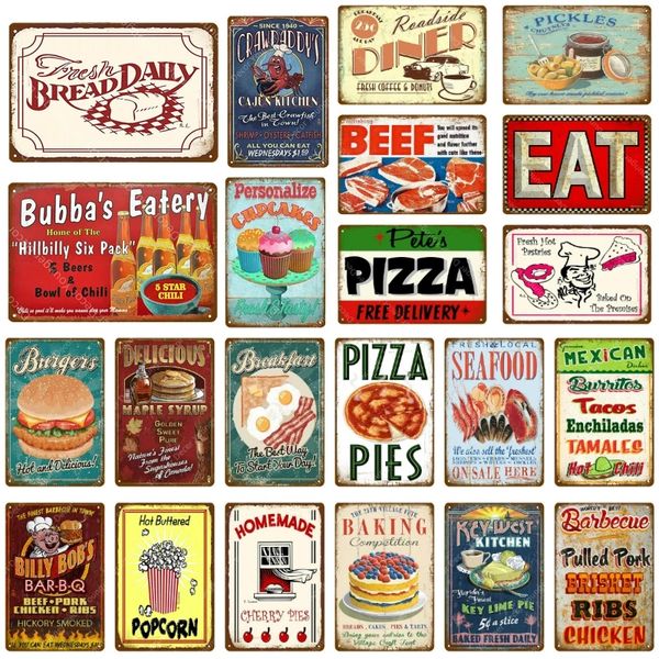 Frische mexikanische Fast Food Meeresfrüchte Metallblechschilder Vintage Plakette Rindfleisch Brot Pizza Wandplakat Frühstück Diner Home Kichen Dekor 20 x 30 cm Woo