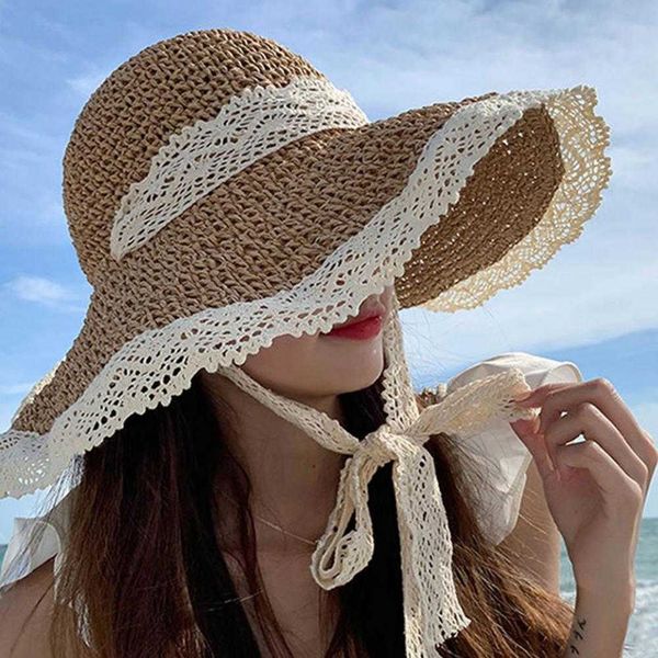 Chapéus de aba larga chapéu de verão chapéu de sol de retalhos de retalhos de coloração anti-UV Women Women Summer Sumshade Straw Hat G230227