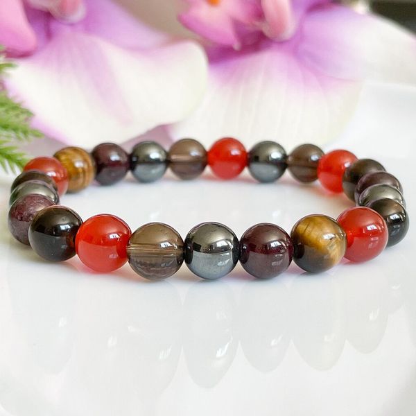 Strands MG1784 Novo Leo Zodiac 8 mm Natural Carnelian Tigers Eye Smoky Quartz Bracelet