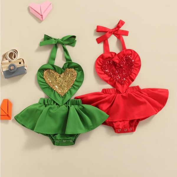 Neonati maschi Tute e pagliaccetti Bambini Pezzo di perle cuore pesca tutina bordo peplum ha gonna Vestiti