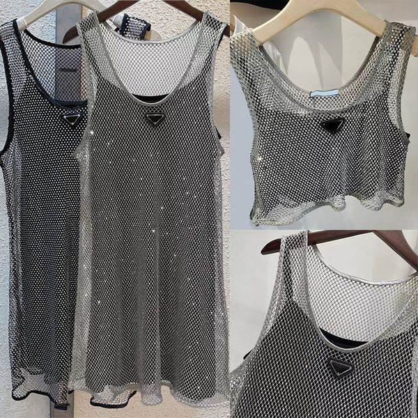 Abito da donna senza maniche Abito con scollo a V in raso nero con strass Abiti con gilet vuoto lucido 2 pezzi Set Top corto T-shirt con scollo a V da donna Reggiseno in denim Top Szie gratis