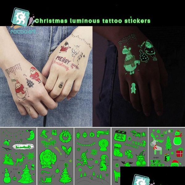 Geçici Dövmeler Noel Luminous Dövme Çocuklar için Sahte Koyu Su geçirmez çıkartmalarda parlayan Noel Dekorasyonları Desen Teslimat Sağlık Dhala