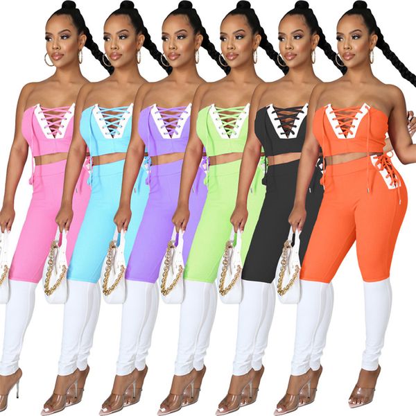 Designer Bandage V Cut Straples Tube Top e Spliced Pencil Pants Womens Summer Two Piece Sets High Street Party Wear 9361