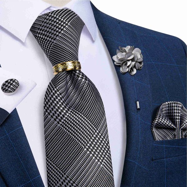 Cravatte pied de poule nero argento plaid cravatte da uomo accessori da sposa cravatta di seta fazzoletto gemelli set cravatta anello spilla regalo per uomo J230227