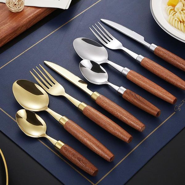 Set di stoviglie in acciaio inossidabile Manico in legno Posate Coltello Forchetta Cucchiaio Abito per la casa Argento dorato Cucina Posate occidentali