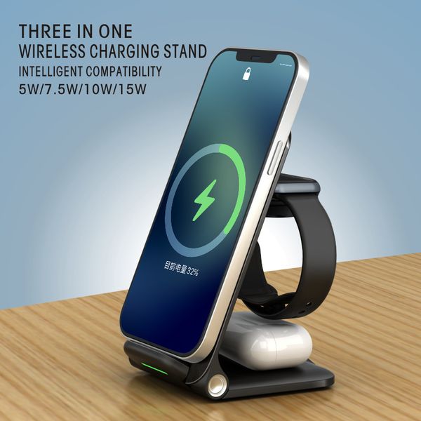 Supporto pieghevole per caricabatterie wireless veloce da 15 W per iPhone 14 13 12 Samsung Apple Watch Airpods Pro 3 in 1 Dock station di ricarica wireless con scatola pacakge