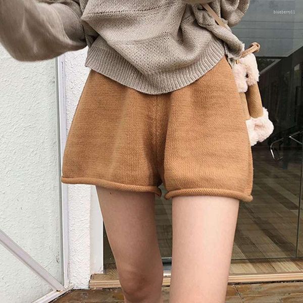 Shorts da donna sciolto gamba larga arricciata a maglia per donne a colori solidi estate autunno semplice pantaloni per pantaloni ad alta vita c7571
