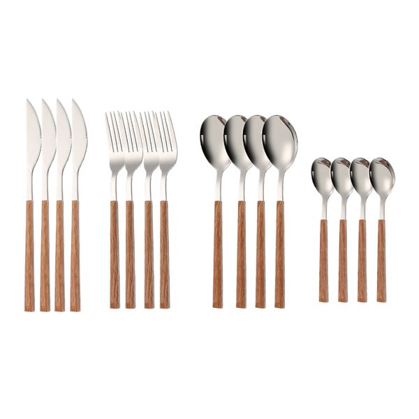 Set di stoviglie 16 pezzi in acciaio inossidabile finto manico in legno Set di posate Morsetto Stoviglie occidentali Coltello Forchetta Cucchiaio da tè Argenteria 230228