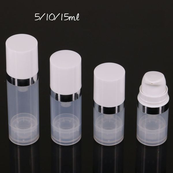 100 Pz 5 ml 10 ml 15 ml Bottiglie Airless Trasparente Pompa A Vuoto Lozione Bottiglia Vuota Con Anello In Argento Coperchio Imballaggio Cosmetico fiale Contenitori