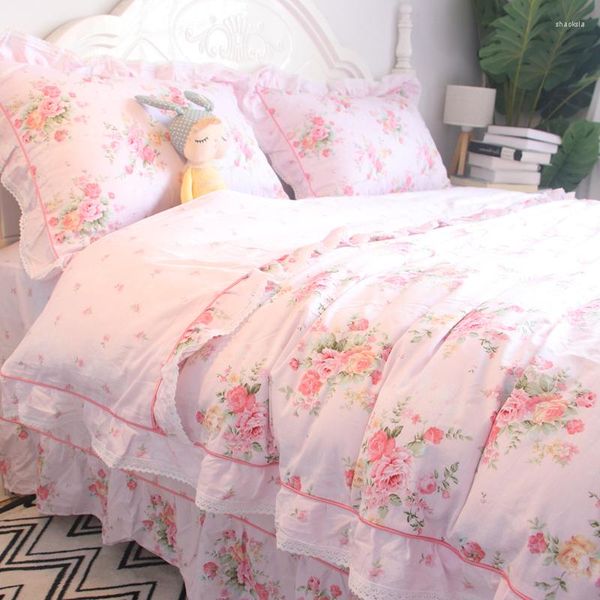 Set biancheria da letto Set pastorale coreano Copripiumino floreale rosa Puro cotone Stampa viola Lenzuolo rosa romantico francese 2 persone