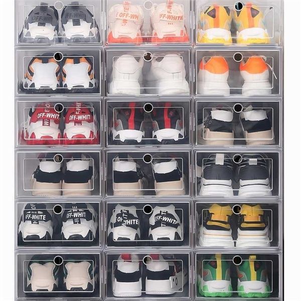 Оптовая продажа Clear 12-24pcs Shoe Box Set Складная пластиковая прозрачная дверь для домашнего шкафа Органайзер Case Shelf Stack Display 211102