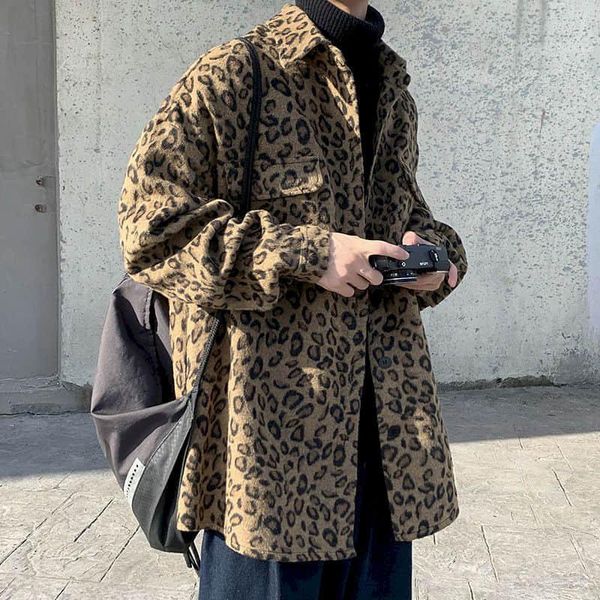 Мужские куртки ретро леопардовый принт повседневная куртка мужская осенняя весенняя корейская тенденция красивая элегантная темпераментная высокая уличная пальто круто