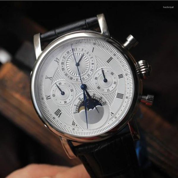Relógios de punho Seagull Moon Fase Manual de Watch Manual Cronógrafo Mechanical Watches M199S Espelho de safira à prova d'água de couro