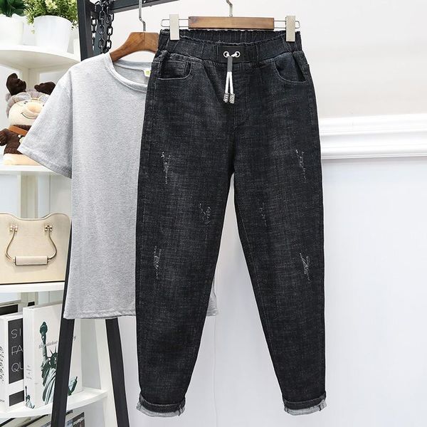 Kadınlar için kadınlar için kadın erkek arkadaşı gevşek streç siyah denim pantolon femme harem pantolon sokak kıyafetleri vintage yüksek bel anne q5516women's