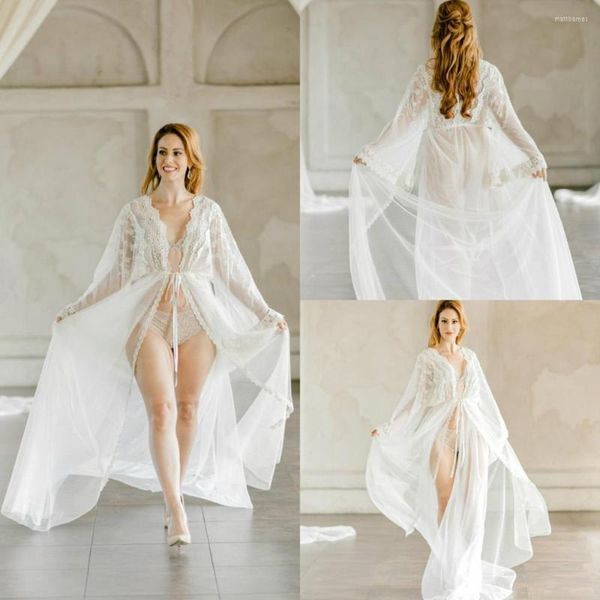 Brautjungfernkleid, weißes Nachtkleid, sexy Robe, Spitze, Nachthemd, Bademantel, Nachtwäsche, Braut-Dressing, Boudoir