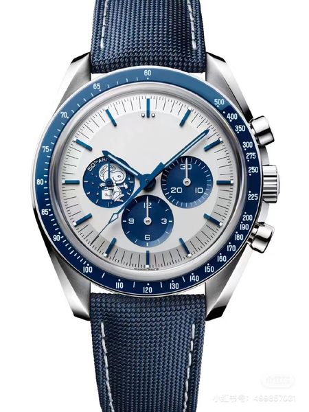 Relógio mecânico Omega com mostrador de 42 mm, anel de cerâmica azul, boca, movimento super avançado, encadeamento manual, nave espacial, energia cinética, cronometragem multifuncional, super relógio