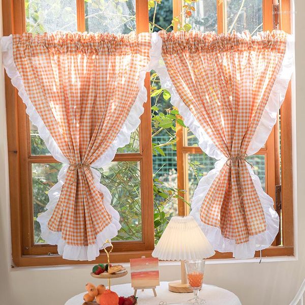 Cortina yaapeet country estilo laranja check 2 peças para a porta de cozinha cortinas Inglaterra fronteira romântica Rideau Art Home decorar