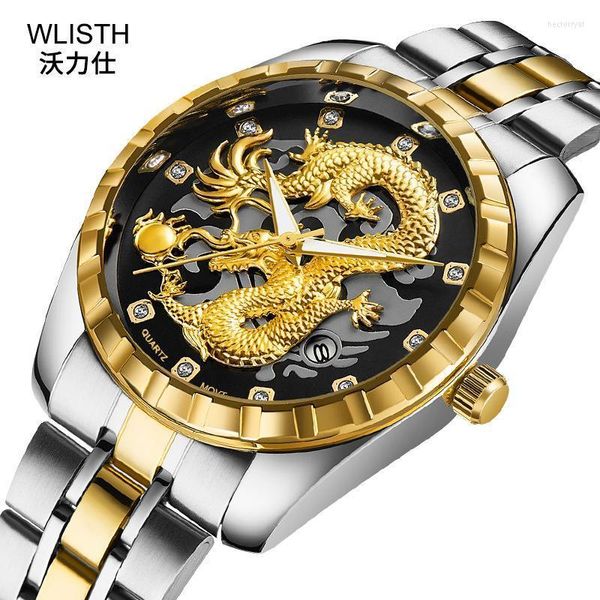 Orologi da polso Relogio Masculino Wlisth Orologio al quarzo di qualità del marchio Squisito 3D Carving Dragon Orologio da uomo Orologio quadrante con diamanti Uomo luminoso Hect2