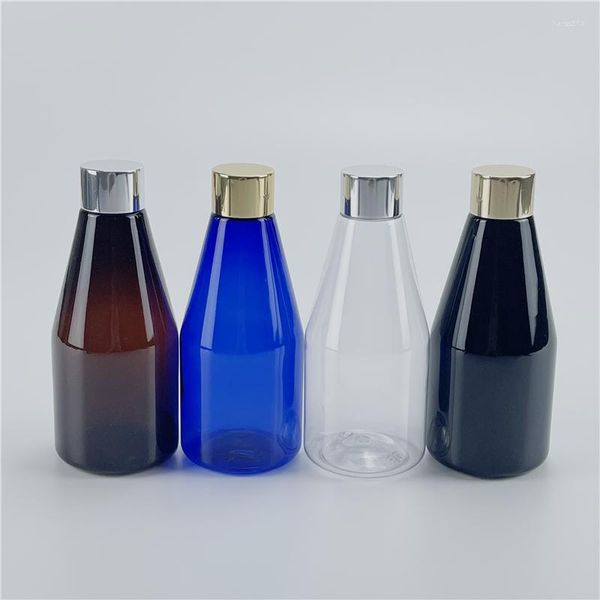 Aufbewahrungsflaschen, transparent, braun, schwarz, blau, 200 ml x 25 leere konische Plastikflaschen mit gold-silbernem Schraubverschluss, Hautpflege-Toner, Kosmetik, PET