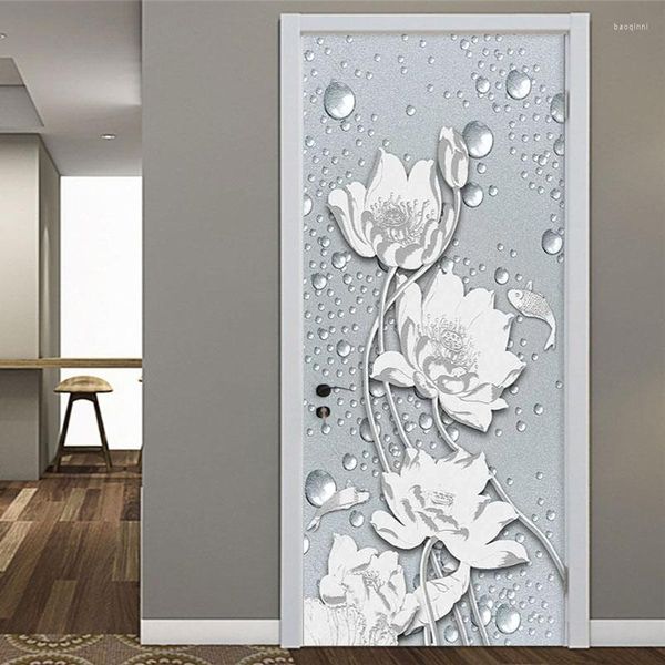 Papéis de parede PVC Porta Startador Chinês Estilo 3D Alívio Lótus Flores de Wallpaper Wall Room Bedroom Decalque Decalque Decalel de casa Adesivos