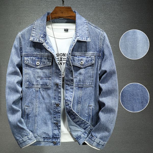 Herrenjacken, Jugend-Freizeitjacke, hellblau, verwaschen, schmales Revers, Elastizität, hübscher Jungen-Denim-Trend, Herrenmode, Kleidung, TrendsMe