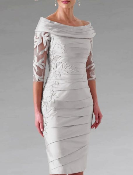 Оболочка мама платья невесты Серебряное свадебное гостевое платья с плеча до колена тафта полу рукава настраиваемые рубашка