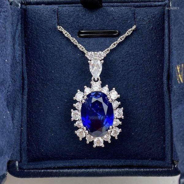 Collane con ciondolo Collana vintage con diamanti ovale blu reale di marca vintage per le donne Gioielli da sposa Fiore in argento sterling 925