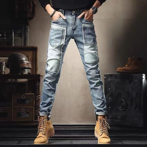 Jeans da uomo Primavera Autunno Pantaloni in denim Uomo Abiti anni 2000 Stile coreano Moda lucidata Cargo Stretch Slim Patchwork Pantaloni casual 230227