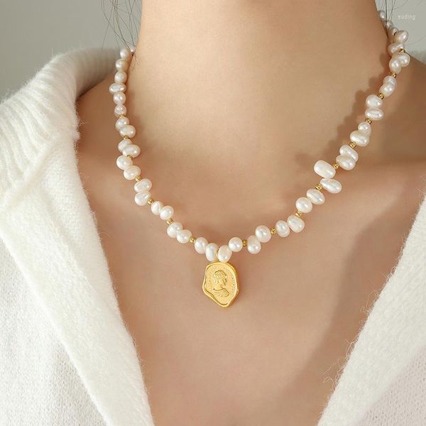 Ketten Barock Natürliche Perle Halskette Für Frauen Vintage Münze Porträt Anhänger Edelstahl Schmuck Hochzeit Party Geschenk