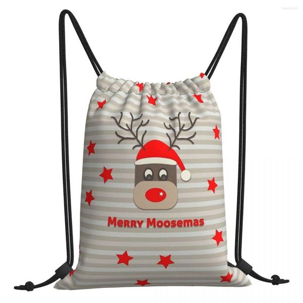 Alışveriş Çantaları Merry Moosemas Mutlu Yıl Baskı Drawstring Erkekler Kadın Depolama Sırt Çantası Genç Seyahat Çantası Çok Fonksiyonlu Cep