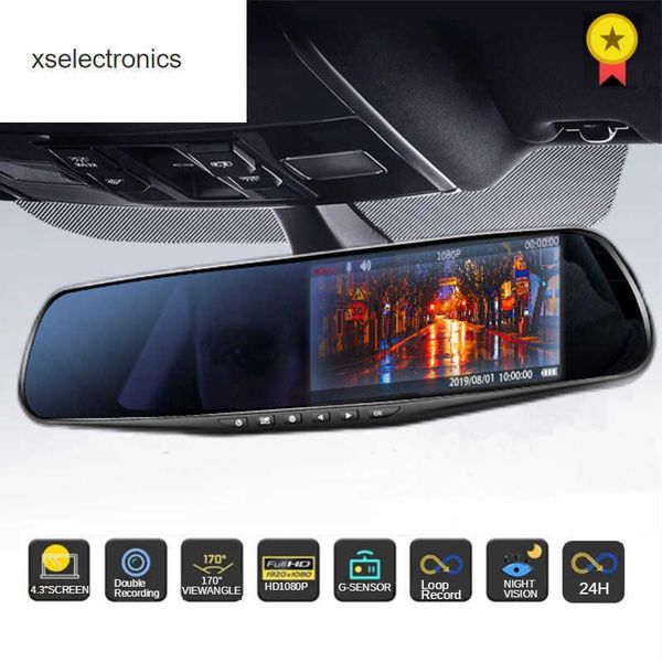 Обновление 4.3 дюйма 24 ч. Рекордер HD 1080p Mirror Car Car Dash Cam Dual Lens Video Record