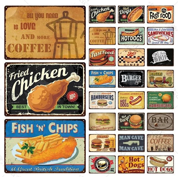 Fast food lata sinal de metal vintage placa placa metal metal vintage Decoração de parede de cachorro -quente para cozinha capa bar sinais de metal 30x20cm w03