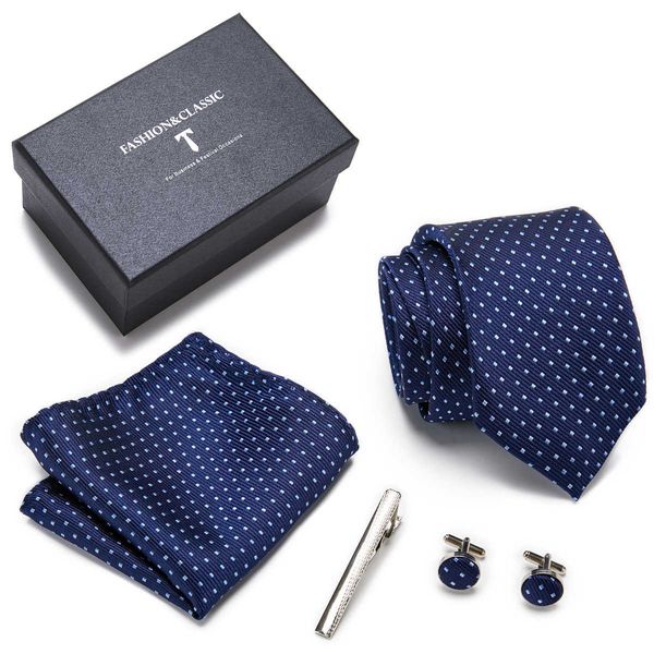 Cravates Dropshipping 75 cm Coffret cadeau Cravate en soie Hanky Pocket Squares Ensemble de boutons de manchette Cravate Boîte à pois Homme Vin Rouge Memorial Day J230227