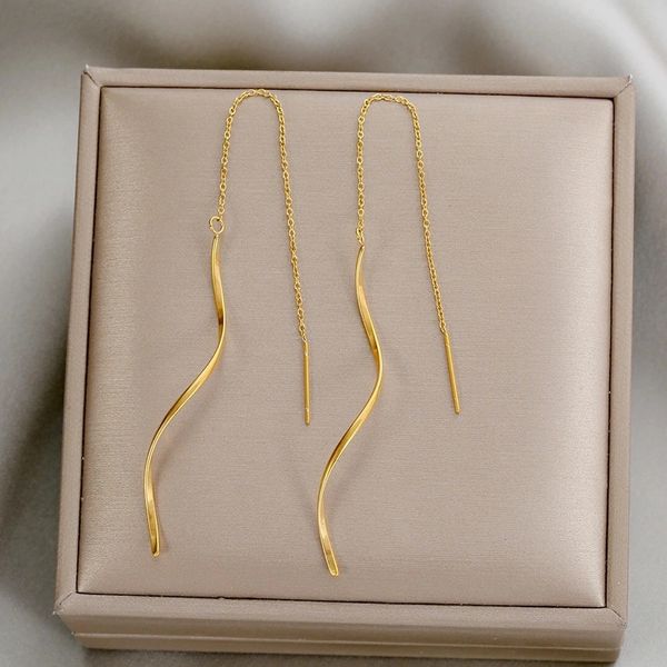 Paslanmaz çelik uzun püskül küpeler kadınlar için zarif basit altın renkli damla küpe şık takı kişilik hediyesi