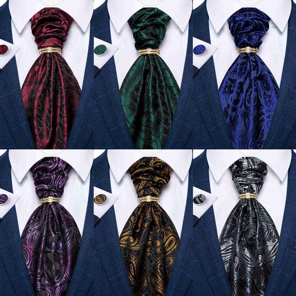 Krawatten Luxus Männer Grün Blau Paisley Ascot Krawatte Set Solide Krawatte Ring Hochzeit Party Krawatte Lila Krawatten Einstecktuch Manschettenknopf Freies Schiff J230227