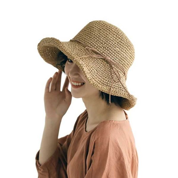 Geniş Memlu Şapkalar Basit bayanlar Kadınlar İçin Güneş Şapkası Bowknot Rafia Hasır Şapka Katlanabilir Yaz Şapkası Geniş Kıl Plaj Şapkası Kadın Chapeau Femme G230227