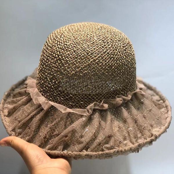 Chapéus de aba gabarito largo bordado renda salgada chapéu de palha feminina férias de verão holuy hollow out pescador's fisherman's