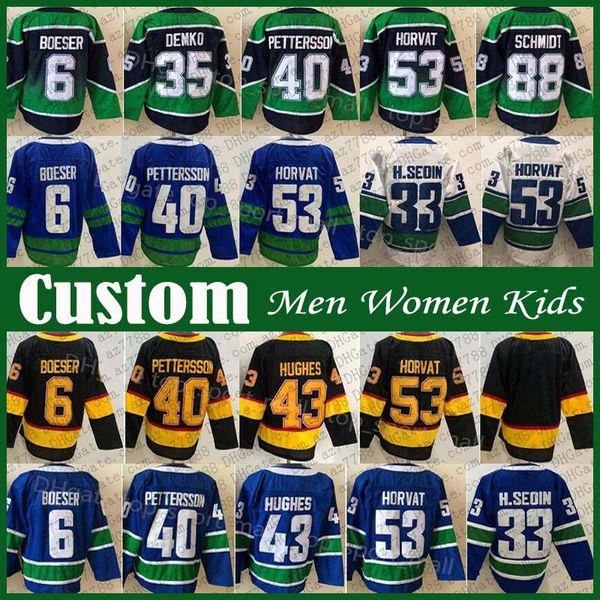 53 Bo Horvat Elias Pettersson Custom Herren Damen Kinder Hockey Jersey Brock Boeser Quinn Hughes Thatcher Demko Trevor Linden Markus Naslund Alex Chiasson Brandon Sutter