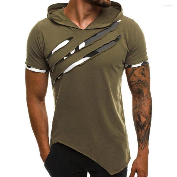 Erkek Tişörtler Erkekler Tişörtler Günlük Yırtılmış Kısa Kollu Düzensiz Kem Slim Hood T-Shirt Fitness Hoodie Yaz 2023