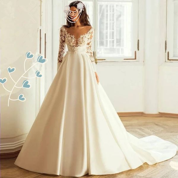 2023 semplici nuovi abiti da sposa in raso una linea con elegante o collo in pizzo applique maniche lunghe lunghezza del pavimento abiti da sposa abito da sposa economici personalizzati