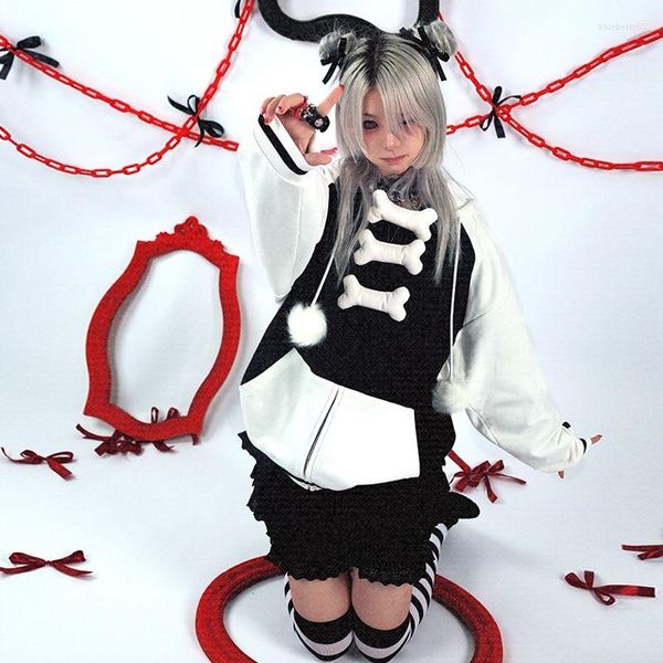 Felpe con cappuccio da donna Cappotto con stampa di ossa di peluche in puro cotone Donna 2023 Harajuku Personaggio dei cartoni animati Cosplay Giacca con cappuccio con cerniera allentata