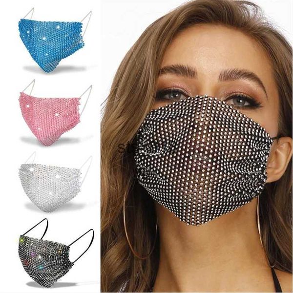 Radfahren Caps Masken Bling Kristall Maske Luxus Schwarz Mesh Schleier Strass Gesichtsmaske für Frauen Prom Party Gesichtsmaske 13 Farben T230228