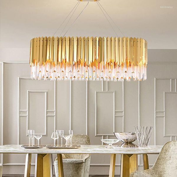 Lampadari ovale lusso oro soffitto dimmerabile luci a LED post-moderno ciondolo lustri lampade a sospensione decorazioni per la casa per tavolo da pranzo