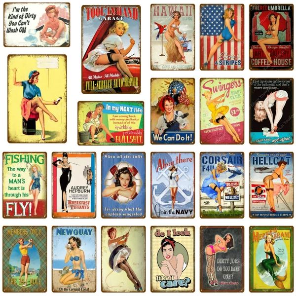 Garota sexy Pin Up Metal Tin Signs Hawaii Navy Fishing Lady Lady Vintage Wall Plate Retro Iron Painting Poster Pub Bar Home Man Cave Decor 20x30cm Woo