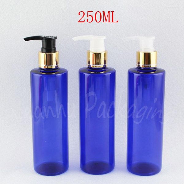 Garrafas de armazenamento 250 ml de plástico de ombro plano azul com bomba de loção dourada 250cc Gel / subestimação de subclista de cosméticos vazio