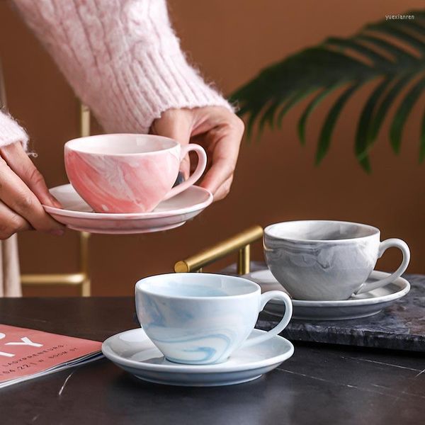 Xícaras pires de 130 ml padrão de mármore nórdico xícara de café expresso de cerâmica e pires rosa cinza azul de café com café com leite de cozinha mesa de cozinha utensílios de cozinha
