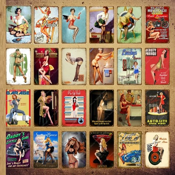 Pin Up Poster Ragazza sexy Targa in metallo Pin Up Girl Decor Vintage Cartoon Bikini Art Wall Sticker Sexy Lady Bar Room Pub Club Man Cave Piatto Decorazione della parete di casa Dimensioni 30X20CM w01