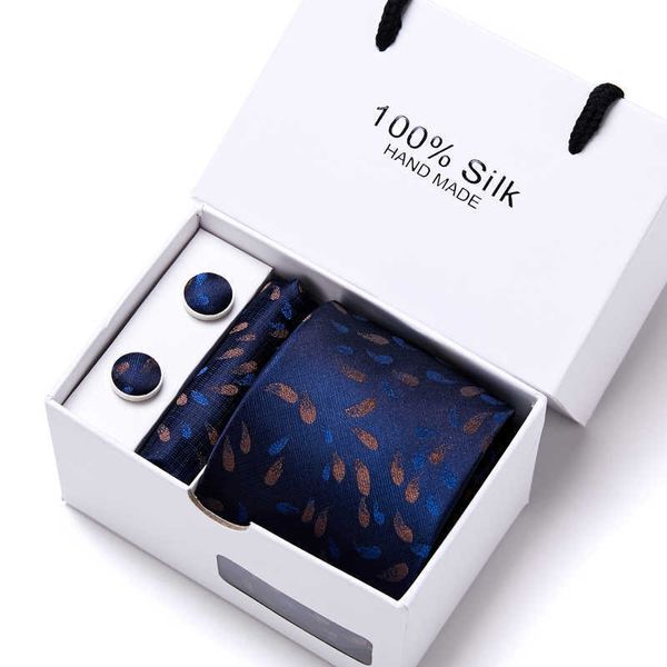 Cravatte 100 seta molti colori cravatta Hanky gemelli set cravatta scatola hombre blu abbigliamento formale stampato adatto regalo di festa vendita aziendale J230227