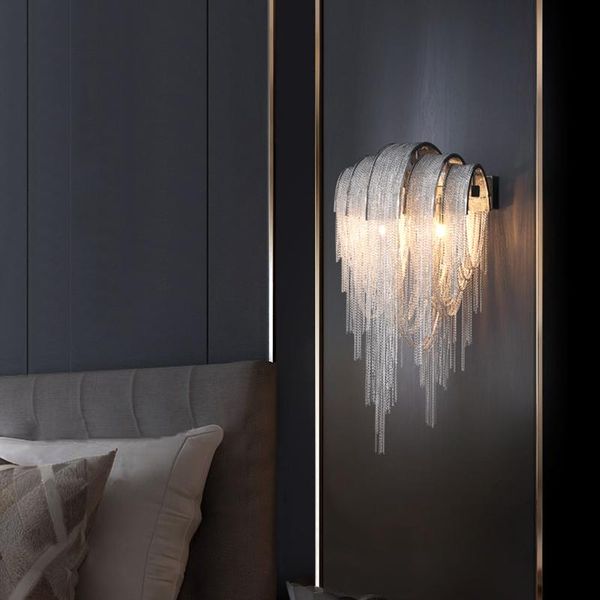 Lampada da parete moderna luci oro/argento alluminio catena applique camera da letto comodino nappa specchio decor lampade a LED